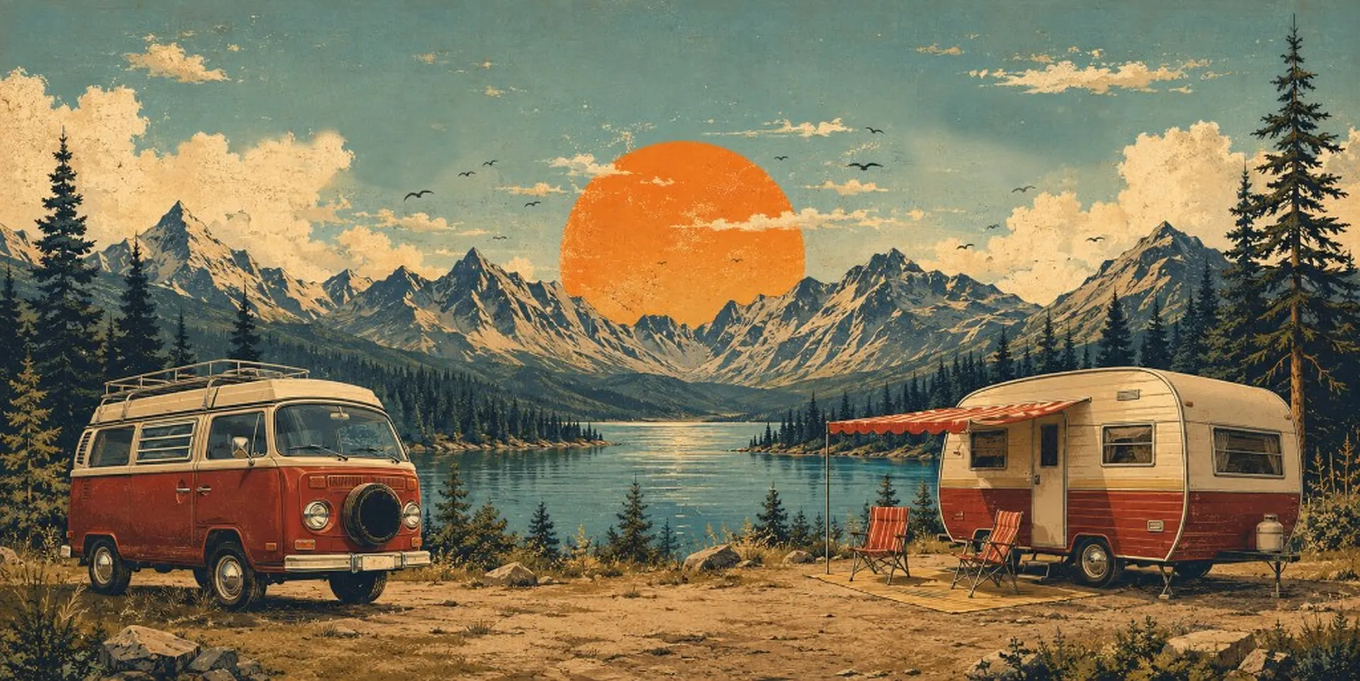 CampSecure™ Happy-Camper-Motiv: Bulli und Wohnwagen am See vor Sonne und Bergen – wie auf den Team-Shirts