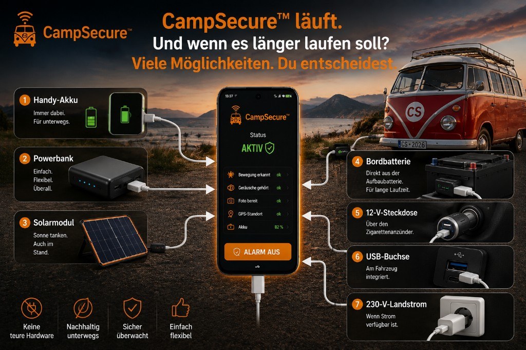 CampSecure™ Stromversorgung fürs Alarm-Handy: Handy-Akku, Powerbank, Solarzelle, Bordbatterie, 12-V-Steckdose, USB-Buchse und 230-V-Landstrom